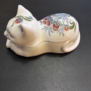 Vintage Elizabeth Arden Porcelain Floral Cat Candle Trinket Box Made in Japan